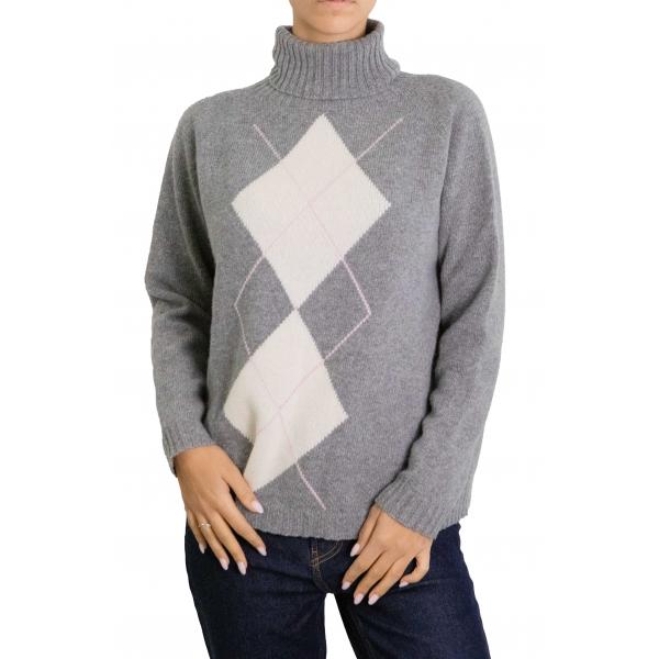 Maglione con rombi bicolore  collo alto misto cashmere